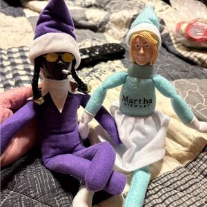 Purple and Teal Plush Dolls - Martha and Snoop on a shelf set of two